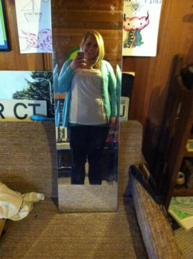 A picture of a 5'6" female showing a fat loss from 335 pounds to 235 pounds. A total loss of 100 pounds.