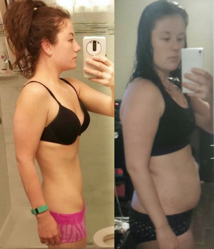 A photo of a 5'7" woman showing a weight cut from 170 pounds to 141 pounds. A net loss of 29 pounds.