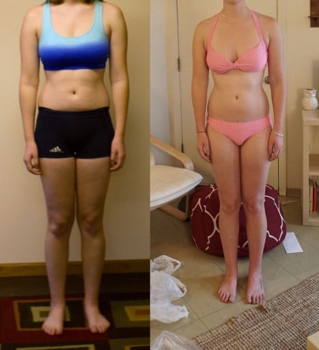 A photo of a 5'9" woman showing a weight loss from 146 pounds to 144 pounds. A net loss of 2 pounds.