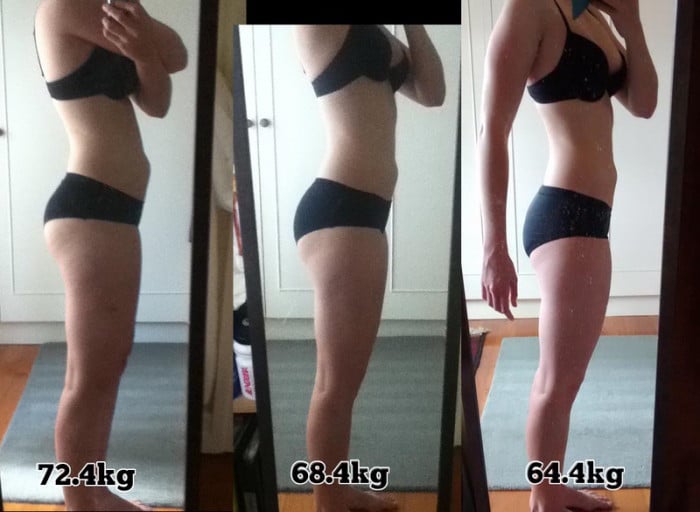 A photo of a 5'8" woman showing a fat loss from 160 pounds to 142 pounds. A total loss of 18 pounds.