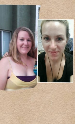 A picture of a 5'4" female showing a weight loss from 194 pounds to 143 pounds. A net loss of 51 pounds.
