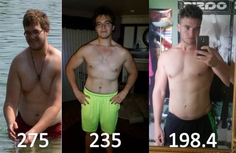A before and after photo of a 6'1" male showing a weight reduction from 285 pounds to 198 pounds. A net loss of 87 pounds.