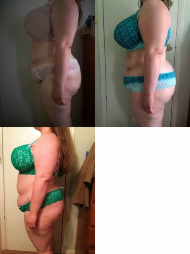 A picture of a 5'1" female showing a weight cut from 237 pounds to 203 pounds. A net loss of 34 pounds.