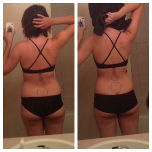 A photo of a 5'10" woman showing a fat loss from 155 pounds to 137 pounds. A total loss of 18 pounds.