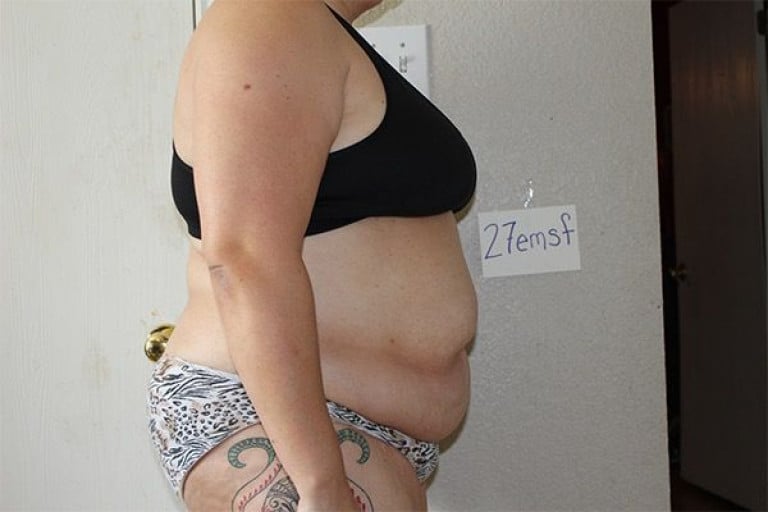 A photo of a 5'4" woman showing a snapshot of 220 pounds at a height of 5'4