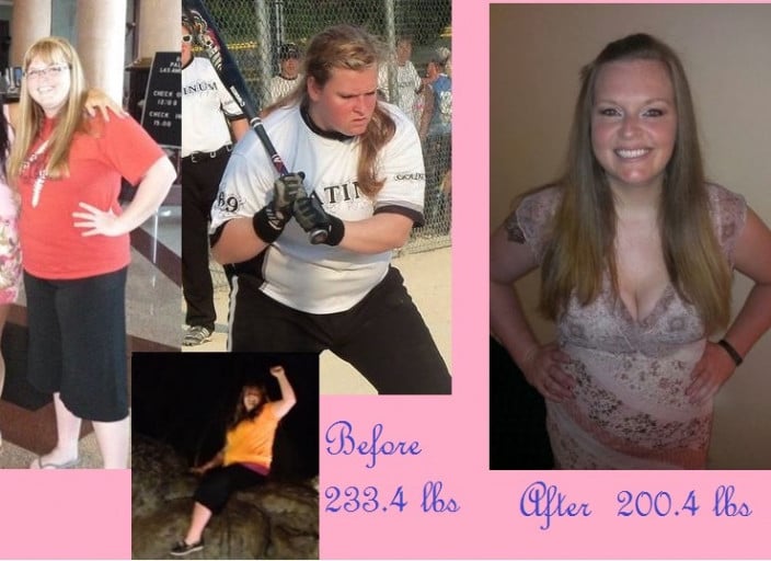 A photo of a 5'7" woman showing a weight cut from 233 pounds to 200 pounds. A total loss of 33 pounds.