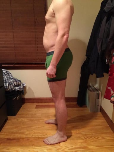 A before and after photo of a 5'8" male showing a snapshot of 165 pounds at a height of 5'8