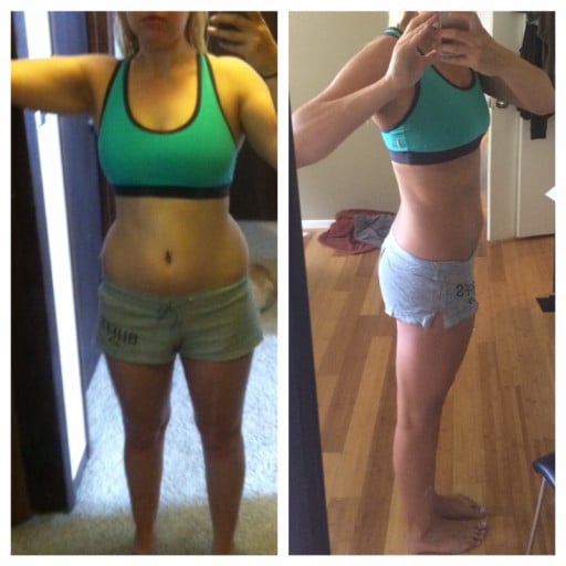 A picture of a 5'6" female showing a fat loss from 155 pounds to 123 pounds. A respectable loss of 32 pounds.