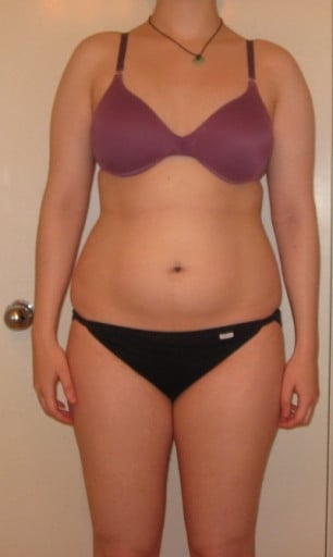 A before and after photo of a 5'8" female showing a snapshot of 165 pounds at a height of 5'8