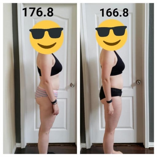 A picture of a 5'6" female showing a fat loss from 176 pounds to 166 pounds. A net loss of 10 pounds.