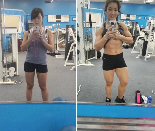 A before and after photo of a 5'6" female showing a muscle gain from 123 pounds to 144 pounds. A total gain of 21 pounds.
