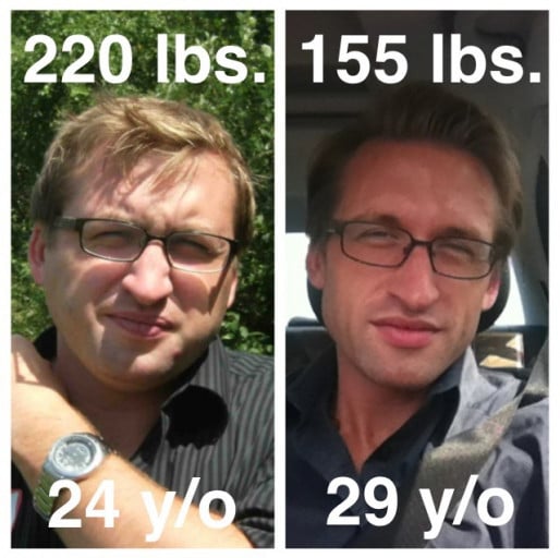 A before and after photo of a 5'10" male showing a weight reduction from 220 pounds to 155 pounds. A net loss of 65 pounds.