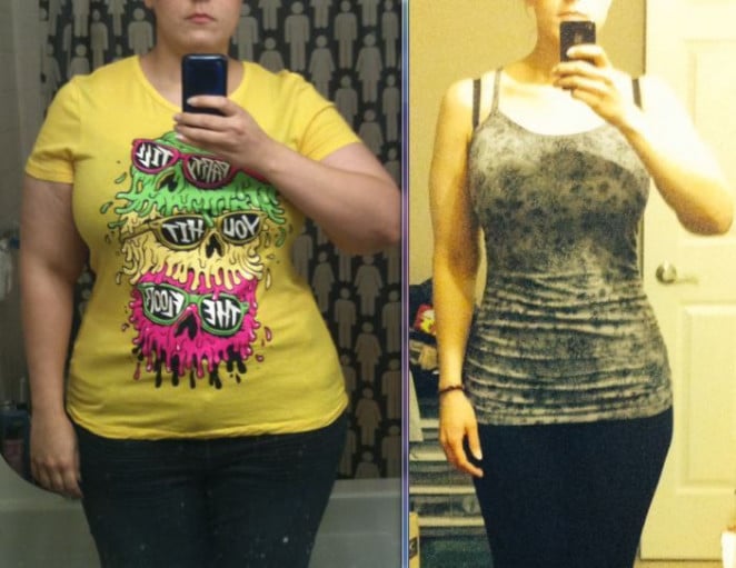 A before and after photo of a 5'8" female showing a weight reduction from 252 pounds to 157 pounds. A net loss of 95 pounds.