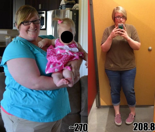 A picture of a 5'5" female showing a weight loss from 270 pounds to 208 pounds. A net loss of 62 pounds.