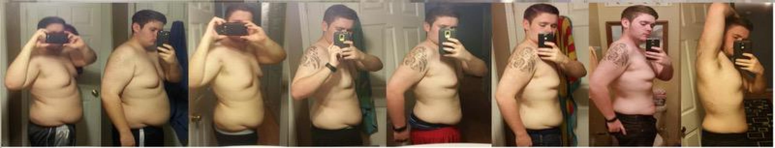A before and after photo of a 5'10" male showing a weight cut from 280 pounds to 180 pounds. A respectable loss of 100 pounds.