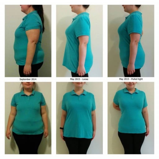 A photo of a 5'0" woman showing a fat loss from 191 pounds to 158 pounds. A total loss of 33 pounds.