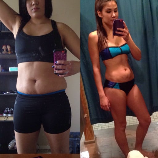 A picture of a 5'5" female showing a weight loss from 152 pounds to 125 pounds. A total loss of 27 pounds.