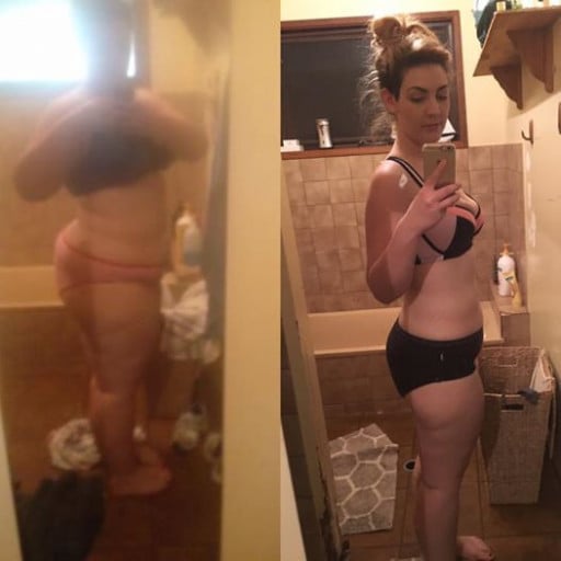 A progress pic of a 5'6" woman showing a weight cut from 270 pounds to 166 pounds. A net loss of 104 pounds.