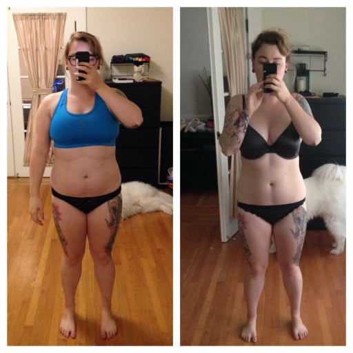 A progress pic of a 5'2" woman showing a fat loss from 166 pounds to 154 pounds. A respectable loss of 12 pounds.
