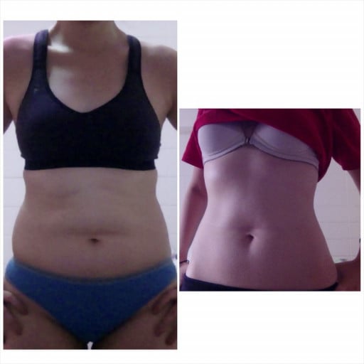 A before and after photo of a 5'3" female showing a weight reduction from 129 pounds to 110 pounds. A net loss of 19 pounds.