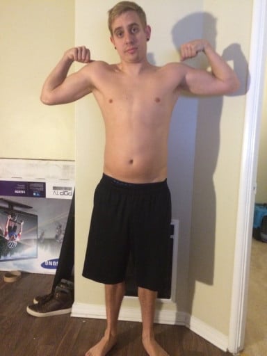 A before and after photo of a 5'10" male showing a weight bulk from 120 pounds to 170 pounds. A net gain of 50 pounds.