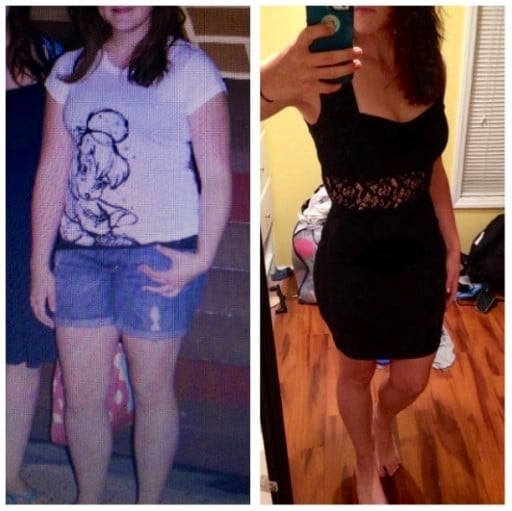 A before and after photo of a 5'4" female showing a weight reduction from 160 pounds to 130 pounds. A net loss of 30 pounds.