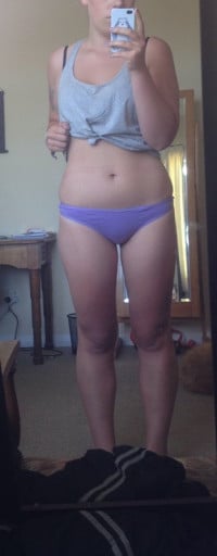 A picture of a 5'5" female showing a fat loss from 173 pounds to 147 pounds. A net loss of 26 pounds.