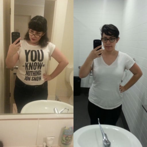 A progress pic of a 5'4" woman showing a fat loss from 180 pounds to 163 pounds. A total loss of 17 pounds.