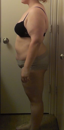 A progress pic of a 5'5" woman showing a snapshot of 235 pounds at a height of 5'5