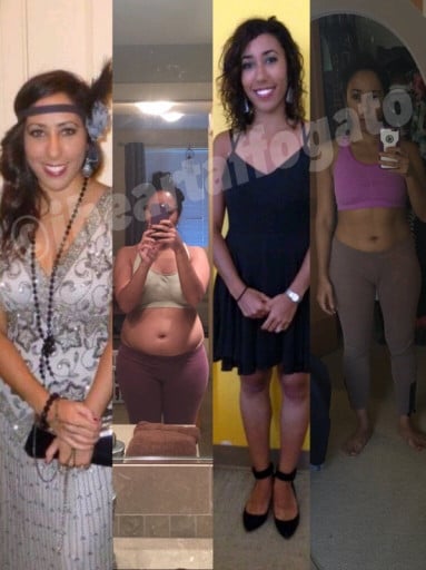 A picture of a 5'2" female showing a weight loss from 150 pounds to 120 pounds. A total loss of 30 pounds.