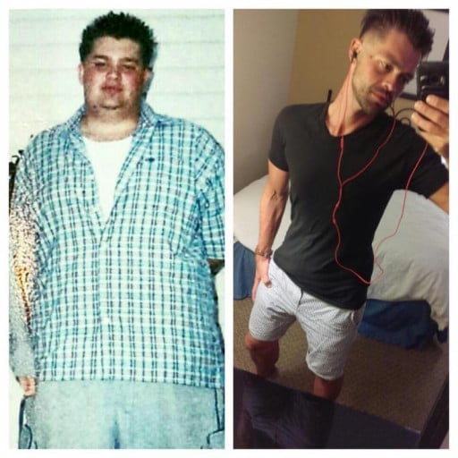 A before and after photo of a 6'0" male showing a weight reduction from 330 pounds to 175 pounds. A total loss of 155 pounds.
