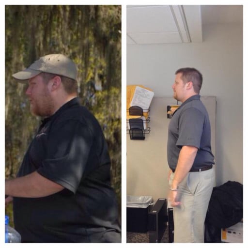 A before and after photo of a 5'11" male showing a weight reduction from 315 pounds to 255 pounds. A respectable loss of 60 pounds.