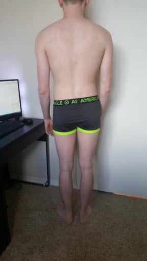 A before and after photo of a 5'10" male showing a snapshot of 146 pounds at a height of 5'10
