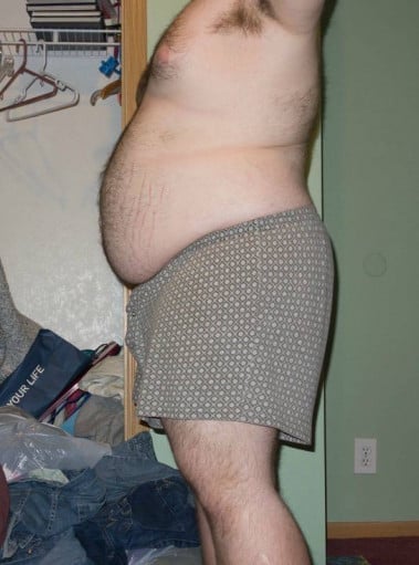 A before and after photo of a 5'7" male showing a snapshot of 291 pounds at a height of 5'7