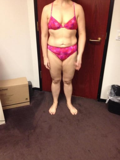 A progress pic of a 5'4" woman showing a snapshot of 144 pounds at a height of 5'4