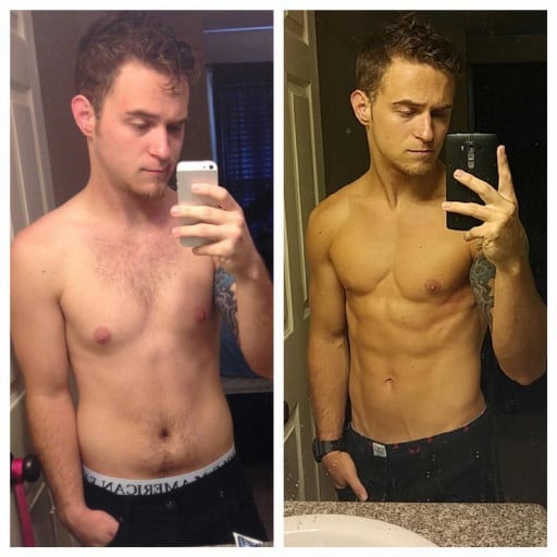A progress pic of a 5'7" man showing a fat loss from 160 pounds to 142 pounds. A respectable loss of 18 pounds.