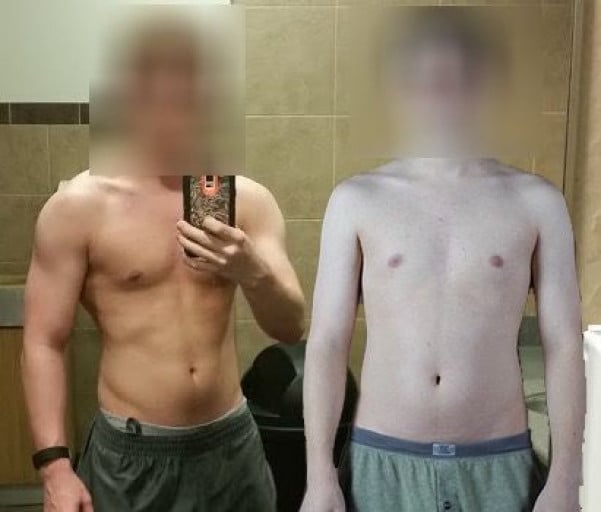 A progress pic of a 5'8" man showing a muscle gain from 139 pounds to 146 pounds. A net gain of 7 pounds.