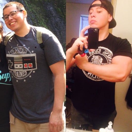 A progress pic of a 5'10" man showing a fat loss from 280 pounds to 209 pounds. A respectable loss of 71 pounds.
