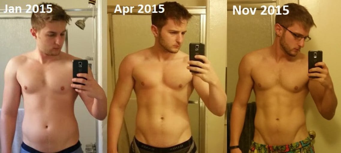 A progress pic of a 5'10" man showing a fat loss from 186 pounds to 176 pounds. A respectable loss of 10 pounds.