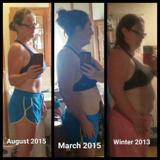 A progress pic of a 5'4" woman showing a weight reduction from 240 pounds to 158 pounds. A respectable loss of 82 pounds.