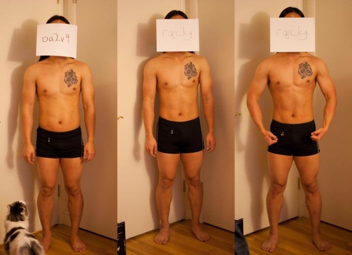 A before and after photo of a 5'4" male showing a snapshot of 129 pounds at a height of 5'4