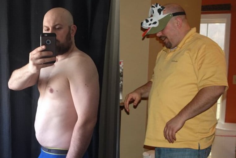 A progress pic of a 5'10" man showing a fat loss from 255 pounds to 199 pounds. A respectable loss of 56 pounds.