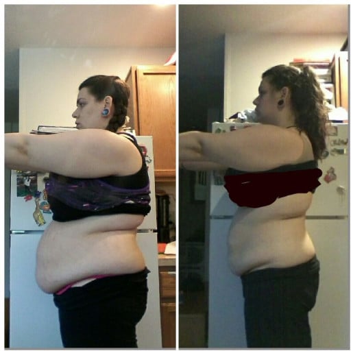 A picture of a 5'6" female showing a weight loss from 274 pounds to 230 pounds. A respectable loss of 44 pounds.
