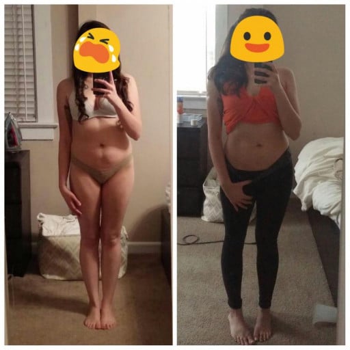 A before and after photo of a 5'2" female showing a snapshot of 114 pounds at a height of 5'2