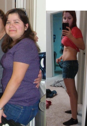 A progress pic of a 4'10" woman showing a weight cut from 145 pounds to 109 pounds. A respectable loss of 36 pounds.