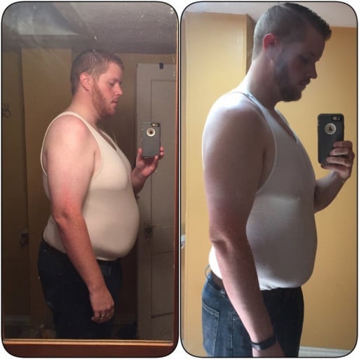 A photo of a 6'5" man showing a weight cut from 320 pounds to 241 pounds. A net loss of 79 pounds.