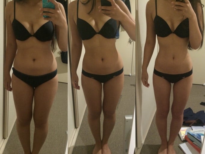 A progress pic of a 5'1" woman showing a weight loss from 120 pounds to 110 pounds. A total loss of 10 pounds.