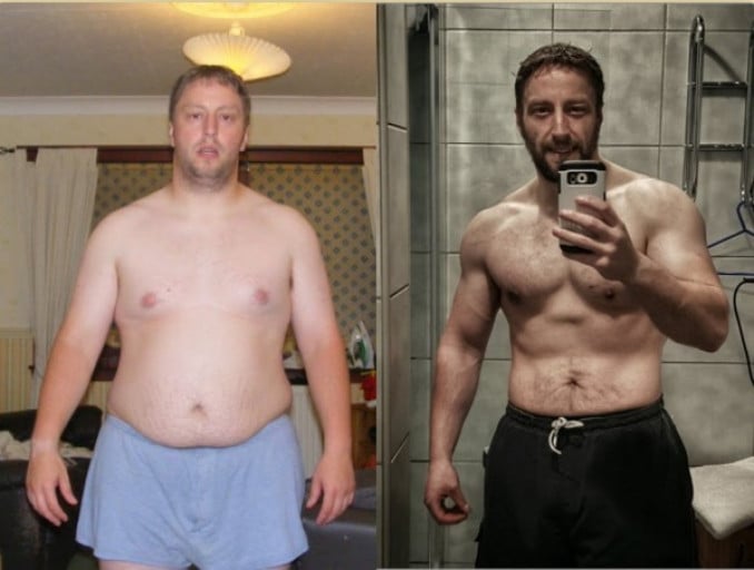 A before and after photo of a 5'9" male showing a weight reduction from 259 pounds to 180 pounds. A total loss of 79 pounds.