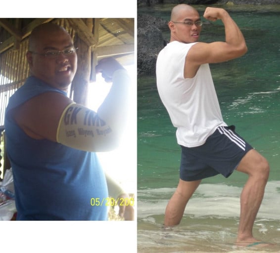 A before and after photo of a 5'9" male showing a fat loss from 276 pounds to 162 pounds. A net loss of 114 pounds.