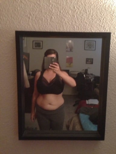 A picture of a 5'6" female showing a weight cut from 180 pounds to 164 pounds. A total loss of 16 pounds.
